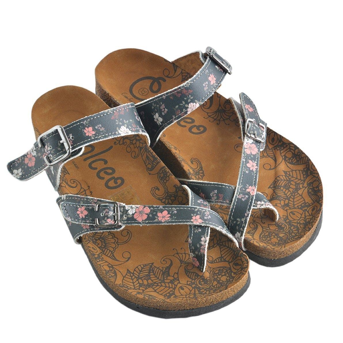 White and Pink Flowers, Green Leafy, Black Pattern Sandal - CAL1009 White and Pink Flowers, Green Leafy, Black Pattern Sandal - CAL1009