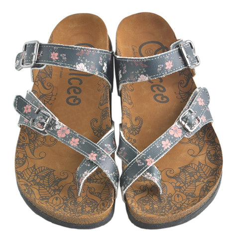 White and Pink Flowers, Green Leafy, Black Pattern Sandal - CAL1009