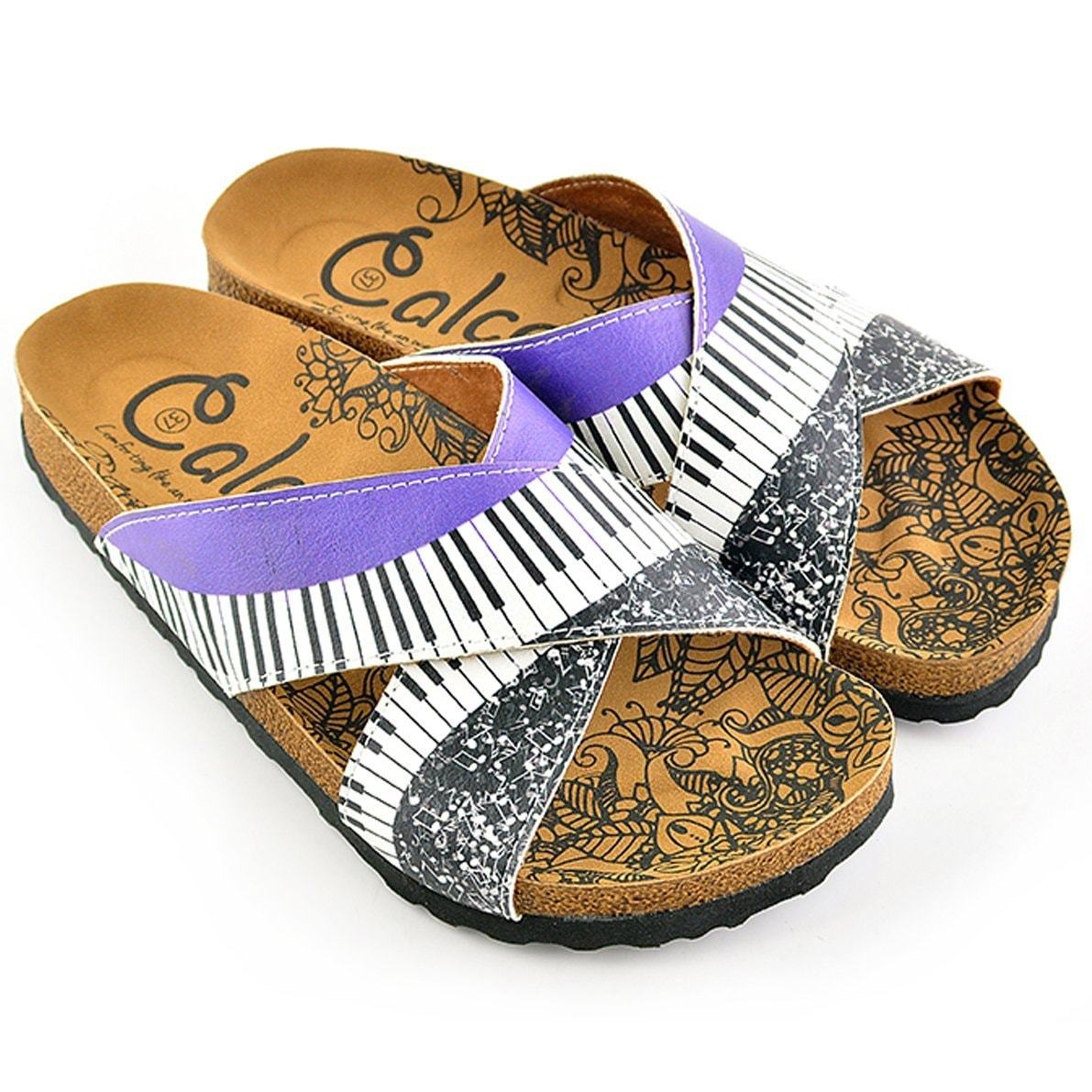 Purple, Black and White Musical Notes Piano Patterned Sandal - CAL1102 Purple, Black and White Musical Notes Piano Patterned Sandal - CAL1102