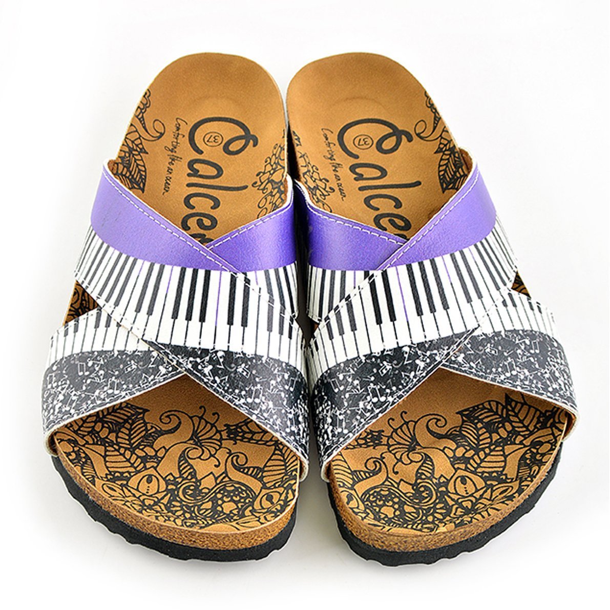 Purple, Black and White Musical Notes Piano Patterned Sandal - CAL1102 Purple, Black and White Musical Notes Piano Patterned Sandal - CAL1102