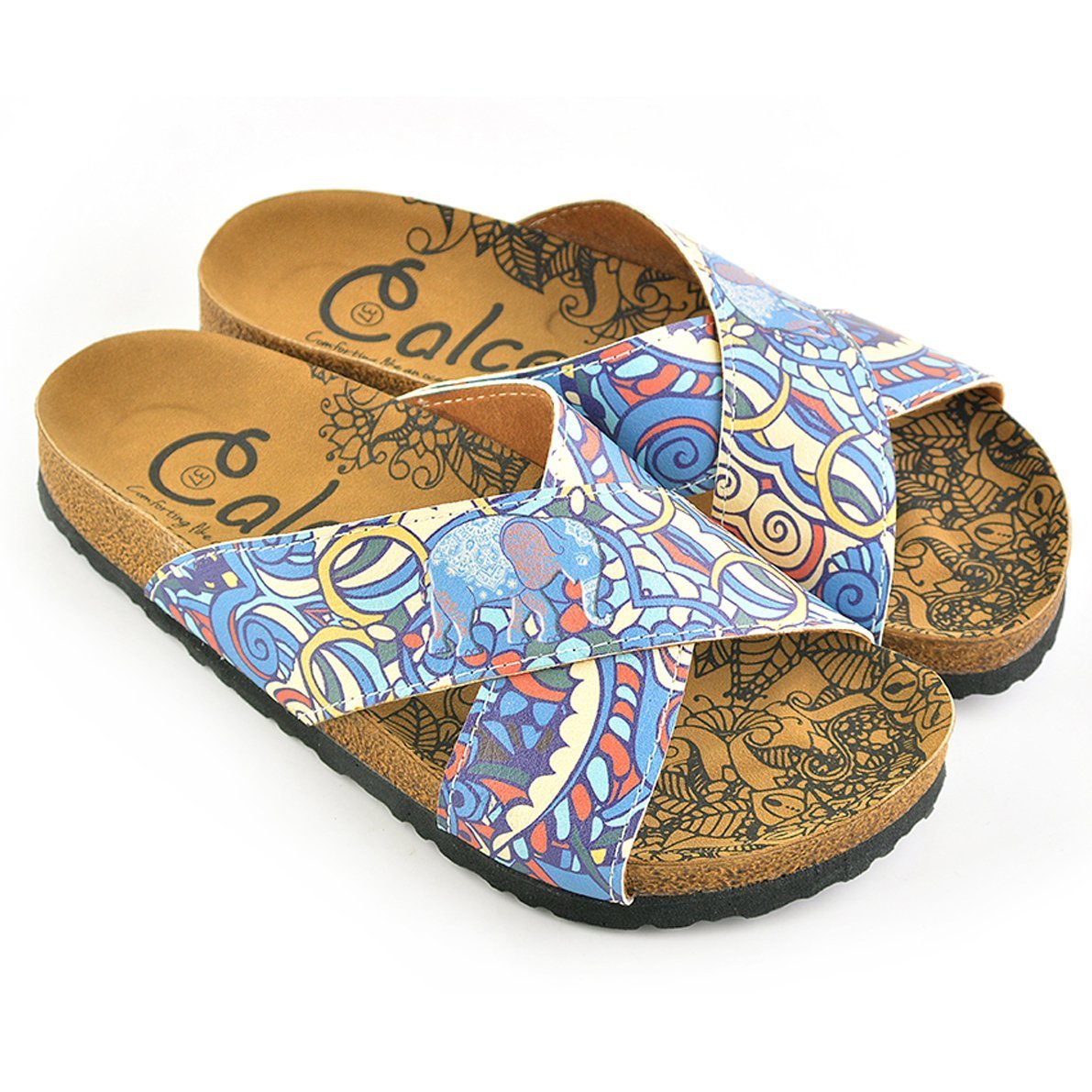Moving Colored Lines and Sea Waves and Blue, Light Blue, Red Colored Elephant Patterned Sandal - CAL1108 Moving Colored Lines and Sea Waves and Blue, Light Blue, Red Colored Elephant Patterned Sandal - CAL1108