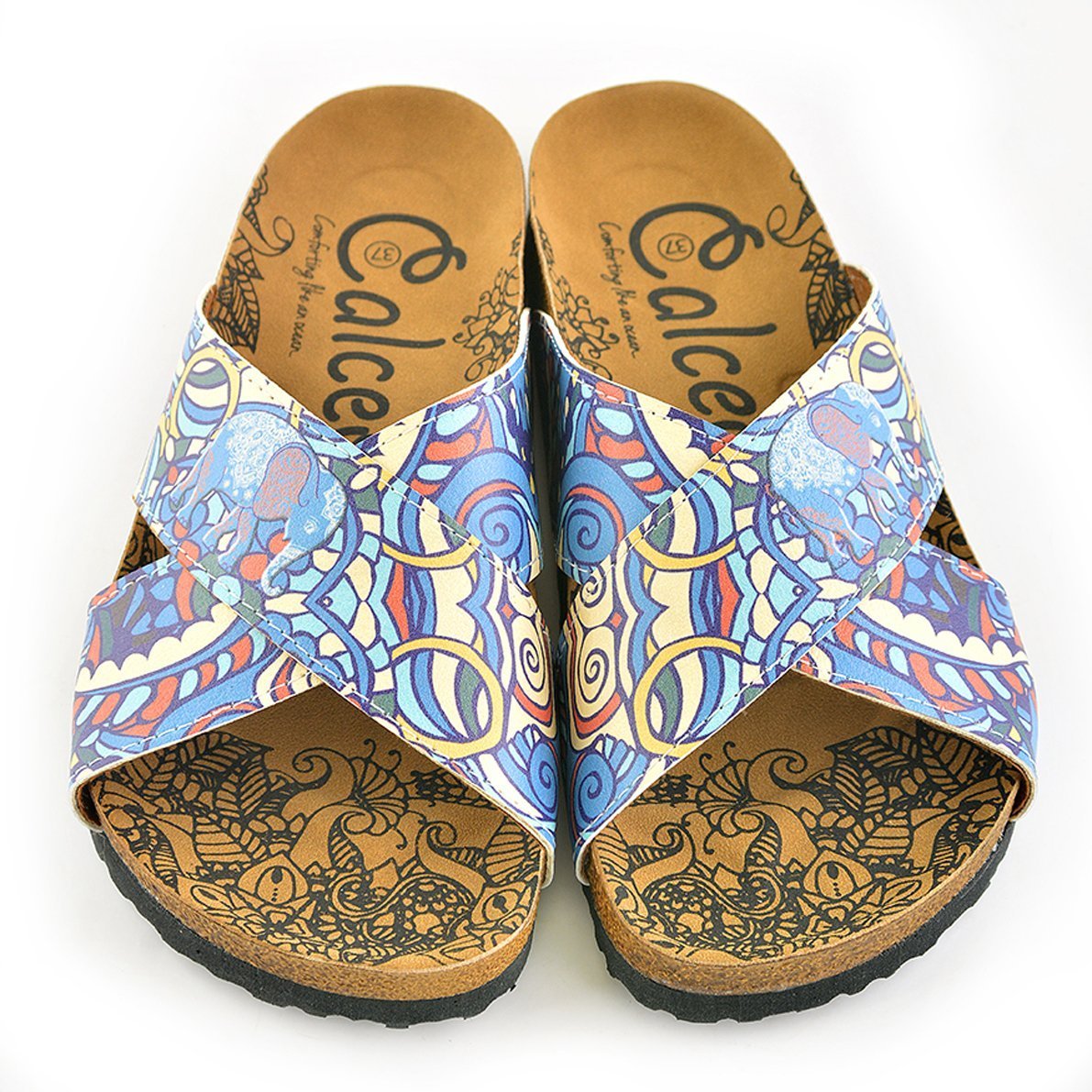 Moving Colored Lines and Sea Waves and Blue, Light Blue, Red Colored Elephant Patterned Sandal - CAL1108 Moving Colored Lines and Sea Waves and Blue, Light Blue, Red Colored Elephant Patterned Sandal - CAL1108