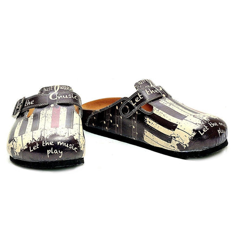 Black and White, Red Piano Pattern and Let the Music Play Written Patterned Clogs - CAL311