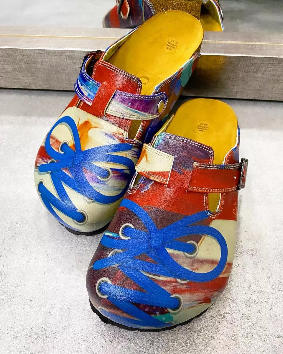 Red Colored Patterned and Blue Laced Pow Patterned Clogs - CAL369 Red Colored Patterned and Blue Laced Pow Patterned Clogs - CAL369