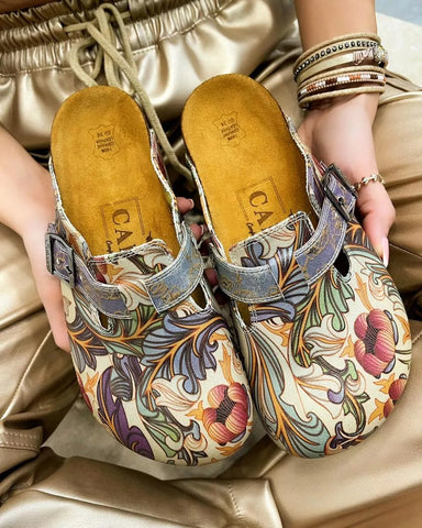 Purple, Pink, Orage Flowers and Green Leaf Patterned Clogs - CAL371