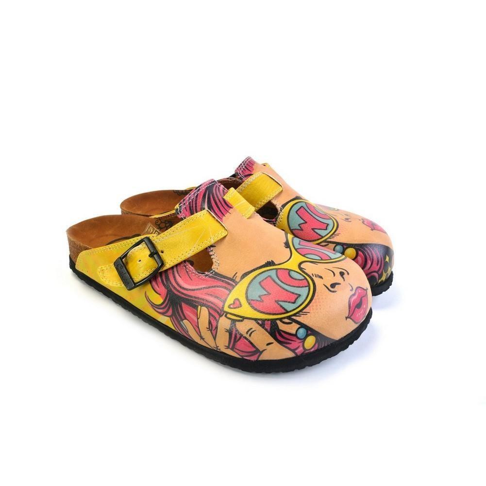 Girl With Yellow Pattern and Pink Hair, Yellow Wow Writing Glasses Girl Clogs - CAL373 Girl With Yellow Pattern and Pink Hair, Yellow Wow Writing Glasses Girl Clogs - CAL373