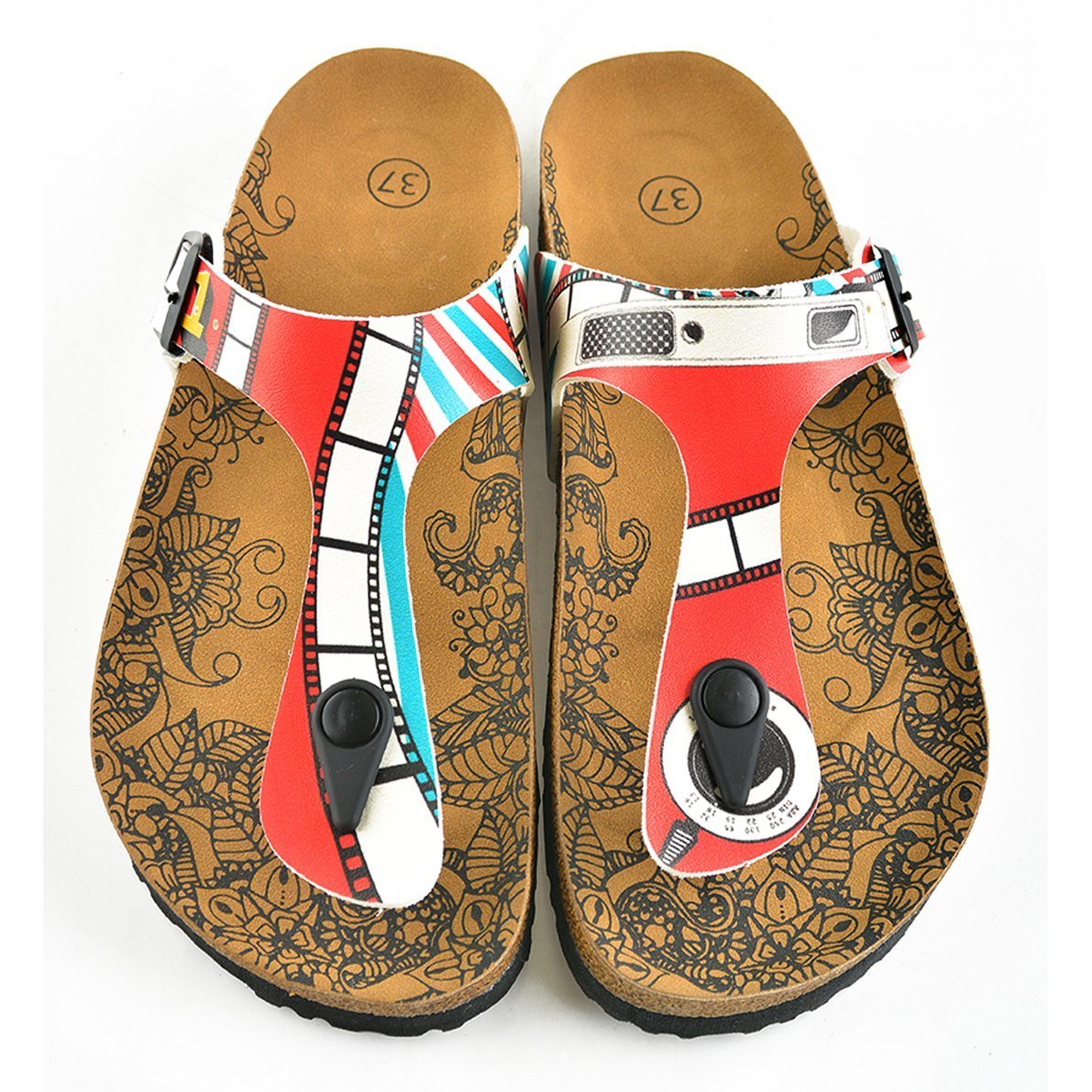 Red, Blue and White Strip and Camera Patterned Sandal - CAL509 Red, Blue and White Strip and Camera Patterned Sandal - CAL509