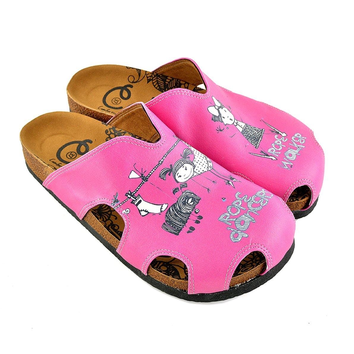 Pink Colored and Rope Dancer Written Black and White Colored Play Dancing Girl Patterned Clogs - WCAL607 Pink Colored and Rope Dancer Written Black and White Colored Play Dancing Girl Patterned Clogs - WCAL607