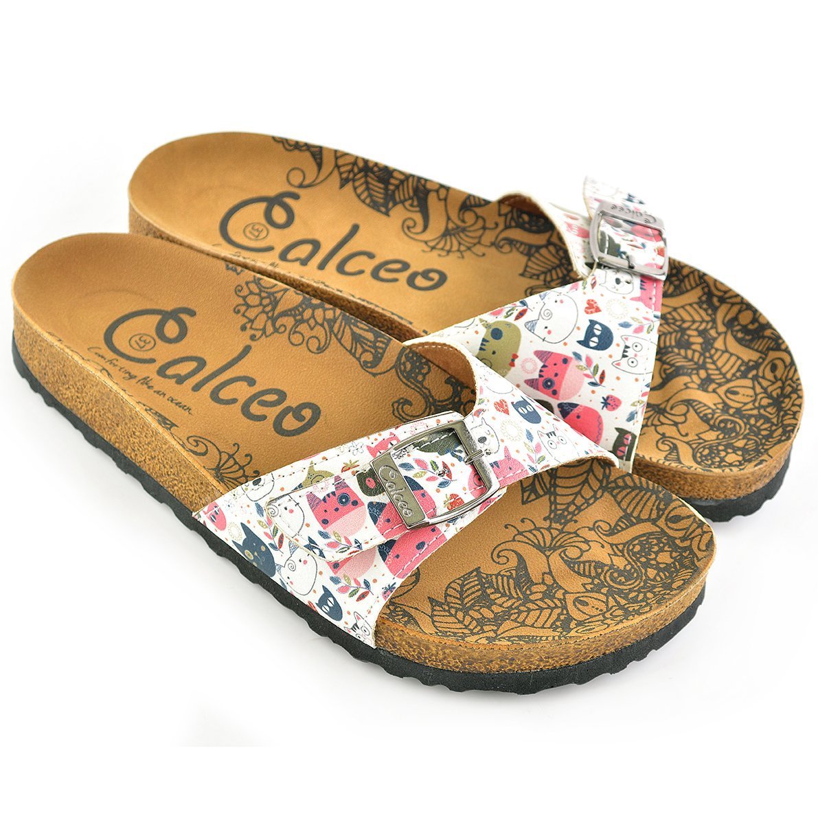 Colored Flowers and Cats Patterned Sandal - CAL906 Colored Flowers and Cats Patterned Sandal - CAL906