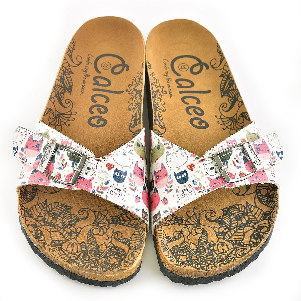 Colored Flowers and Cats Patterned Sandal - CAL906 Colored Flowers and Cats Patterned Sandal - CAL906
