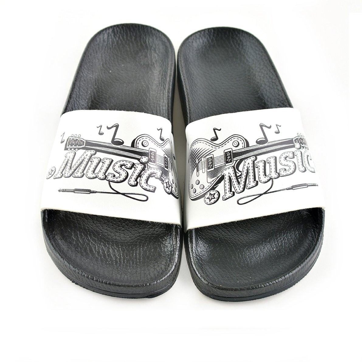 Black and White Colored Electronic Giutar and Music Written Patterned Sandal - CAP201