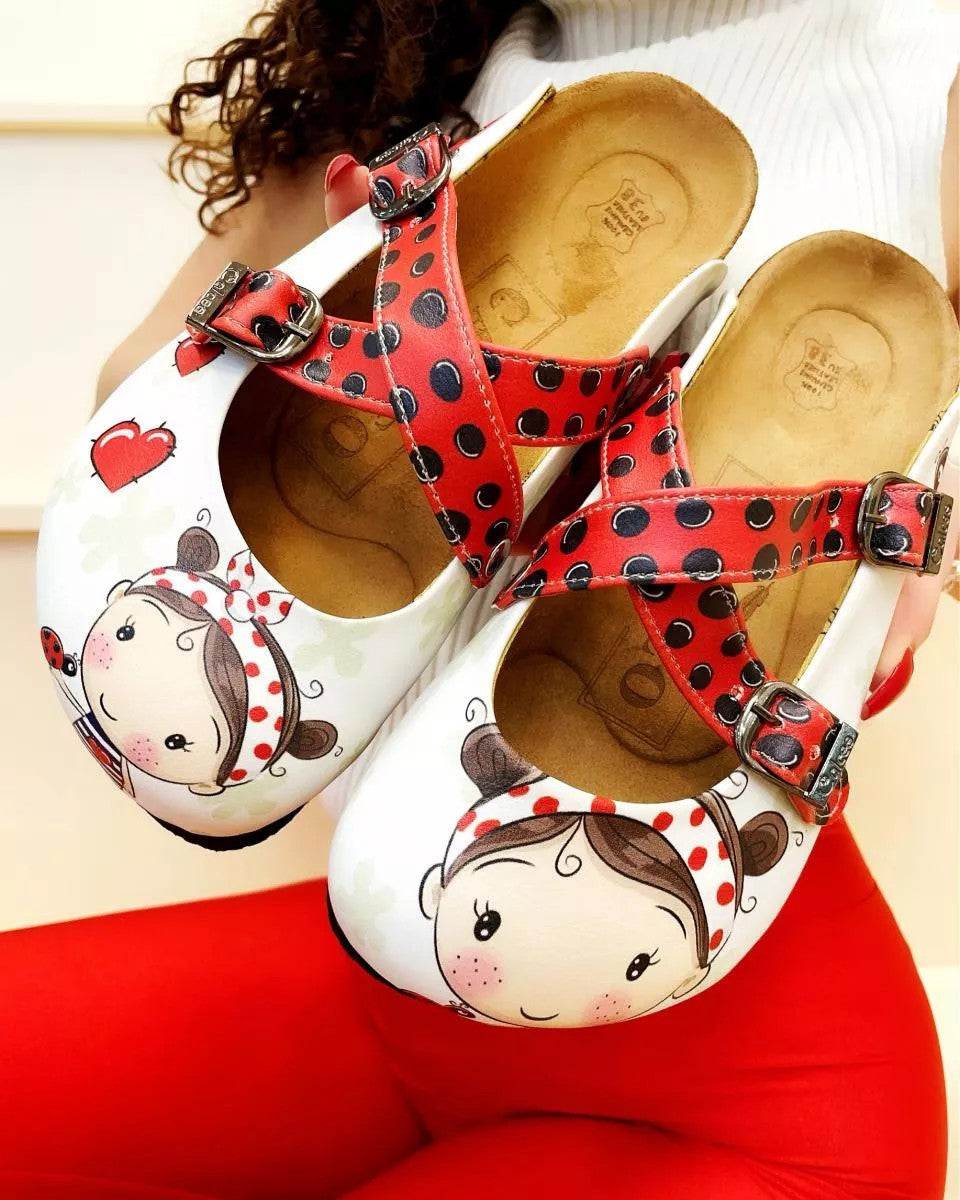 Red and Black Colored, Polkadot and Red Color Ladybug, Sweet Girl Patterned Clogs - WCAL120 Red and Black Colored, Polkadot and Red Color Ladybug, Sweet Girl Patterned Clogs - WCAL120