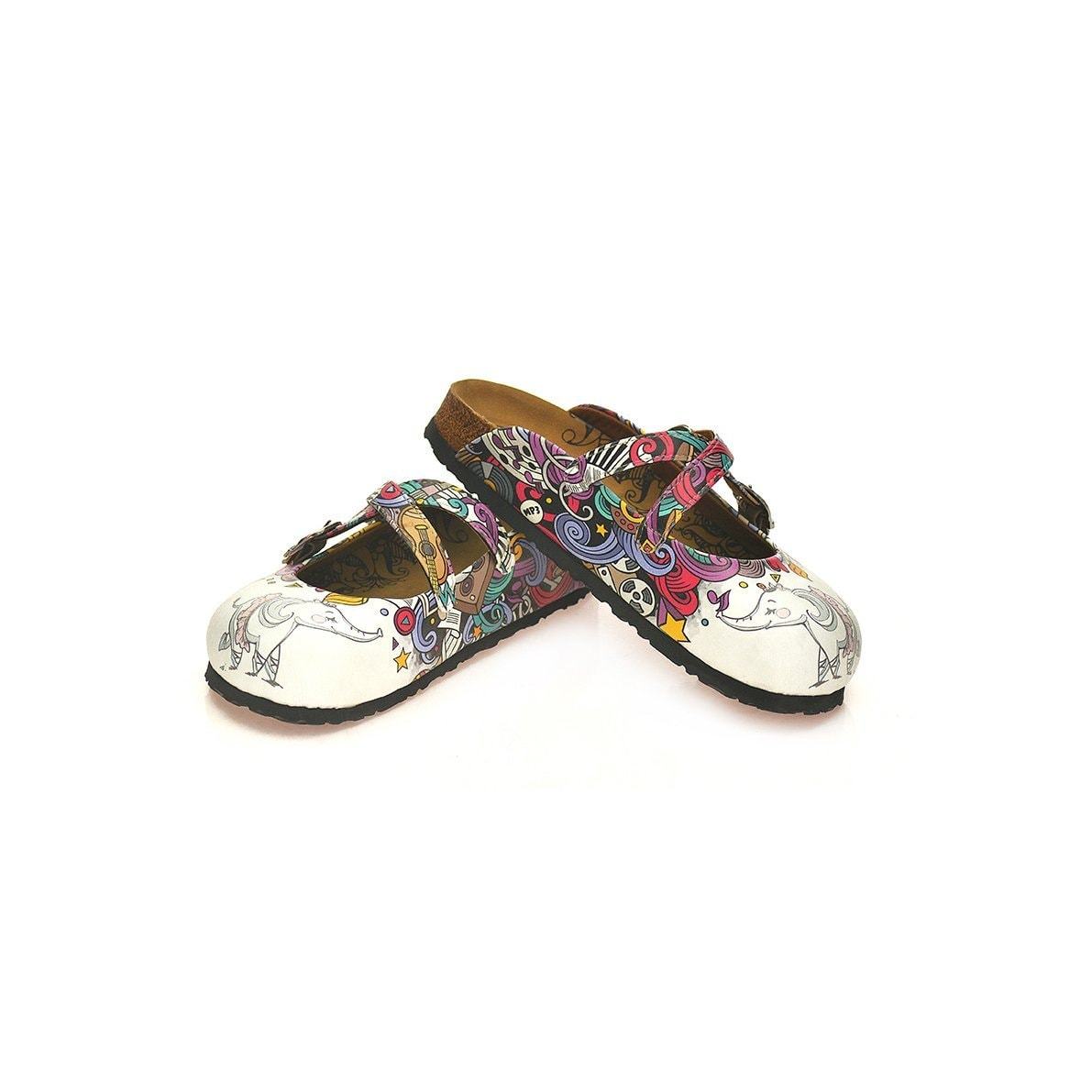 White Colored and Pink, Blue, Green Shaped Patterned and Sweet Elephant Patterned Clogs - WCAL126 White Colored and Pink, Blue, Green Shaped Patterned and Sweet Elephant Patterned Clogs - WCAL126