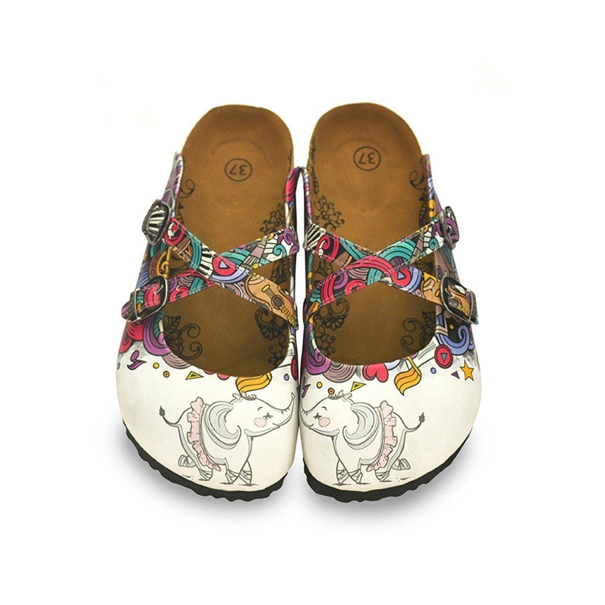 White Colored and Pink, Blue, Green Shaped Patterned and Sweet Elephant Patterned Clogs - WCAL126 White Colored and Pink, Blue, Green Shaped Patterned and Sweet Elephant Patterned Clogs - WCAL126