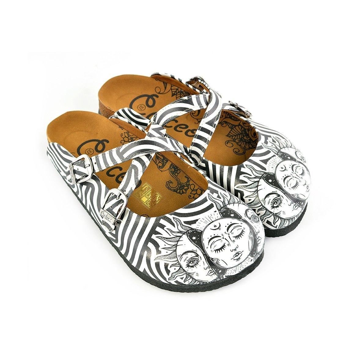 Black and White Wavy Straight Striped, Black Sun Crisscross Patterned Clogs - WCAL145 Black and White Wavy Straight Striped, Black Sun Crisscross Patterned Clogs - WCAL145