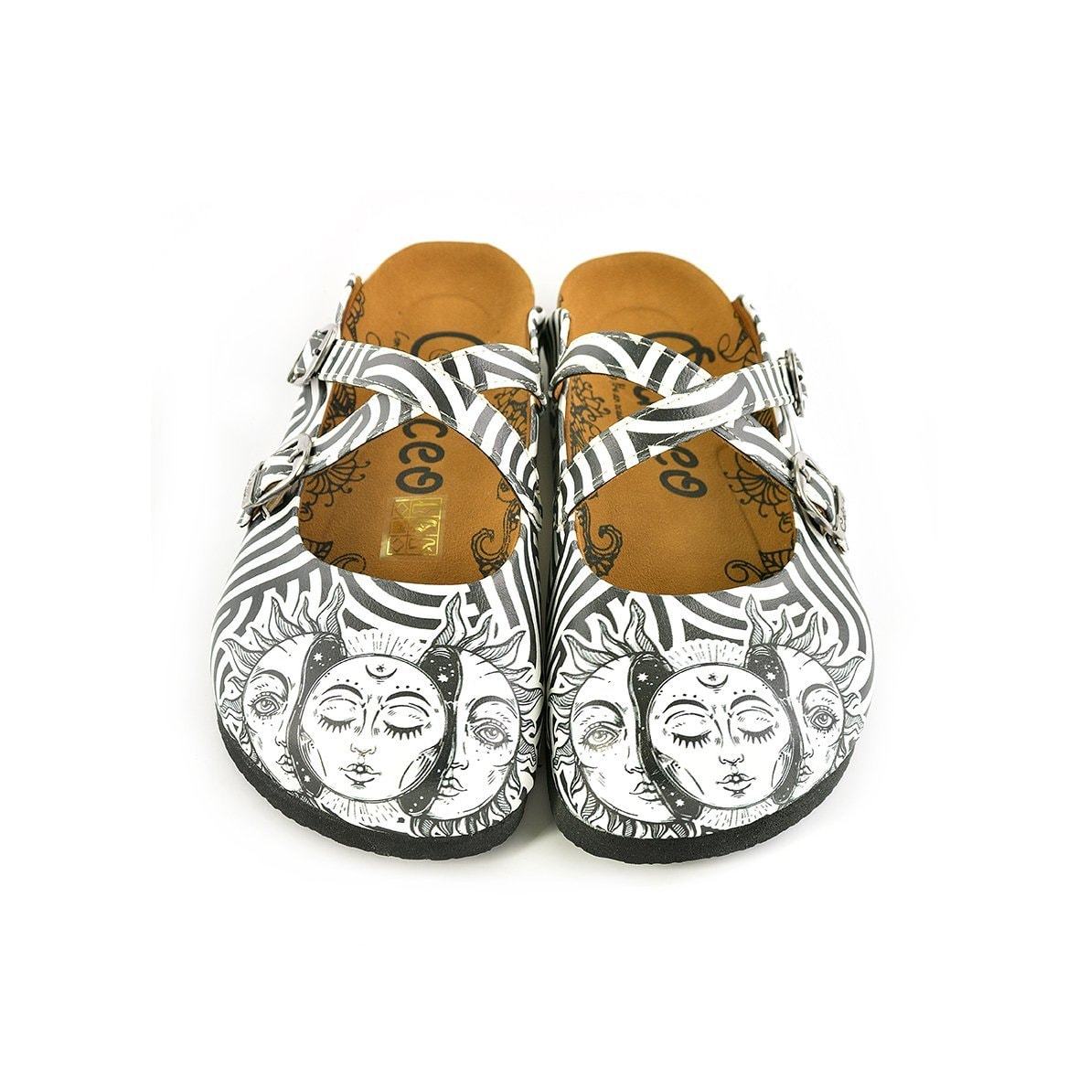 Black and White Wavy Straight Striped, Black Sun Crisscross Patterned Clogs - WCAL145 Black and White Wavy Straight Striped, Black Sun Crisscross Patterned Clogs - WCAL145