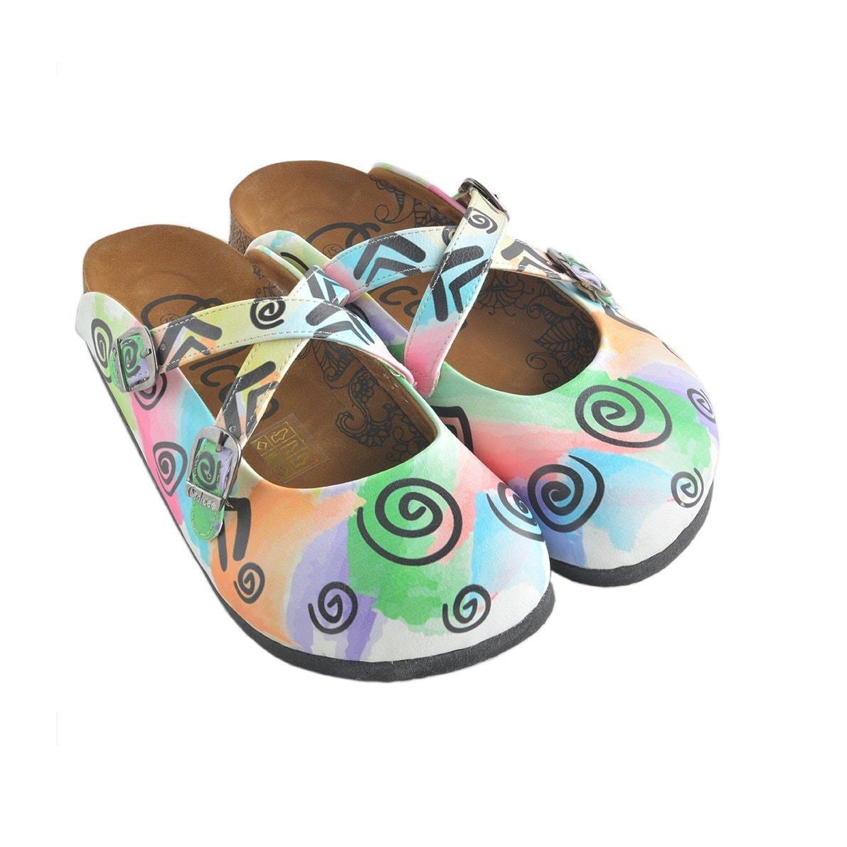 Colorful Watercolor Pattern and Black Swril, Triangular Patterned Clogs - WCAL156 Colorful Watercolor Pattern and Black Swril, Triangular Patterned Clogs - WCAL156