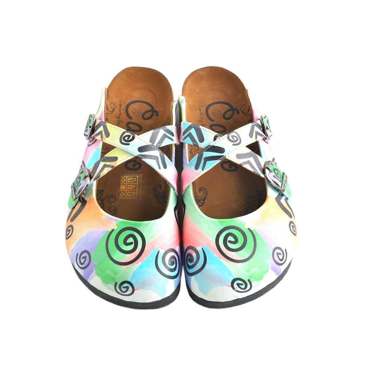 Colorful Watercolor Pattern and Black Swril, Triangular Patterned Clogs - WCAL156 Colorful Watercolor Pattern and Black Swril, Triangular Patterned Clogs - WCAL156