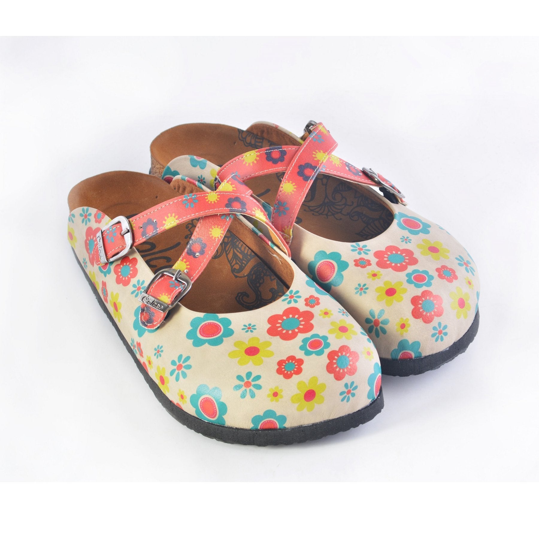 Red, Blue, Beige, Yellow Flowers Patterned Clogs - CAL161 Red, Blue, Beige, Yellow Flowers Patterned Clogs - CAL161