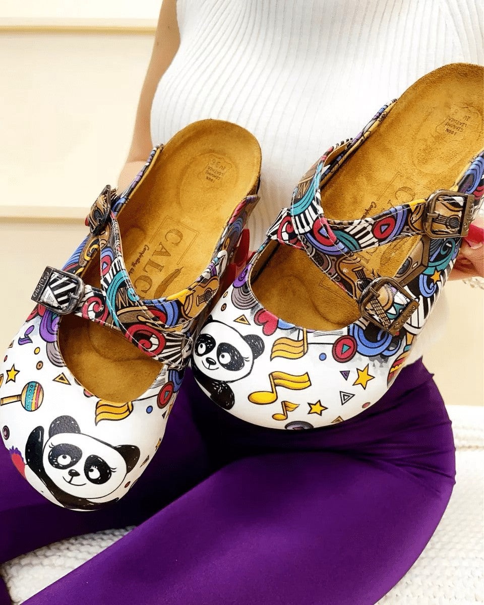 Colorful Moving and Mixed Patterned and White Dancing Panda Patterned Clogs - WCAL176 Colorful Moving and Mixed Patterned and White Dancing Panda Patterned Clogs - WCAL176