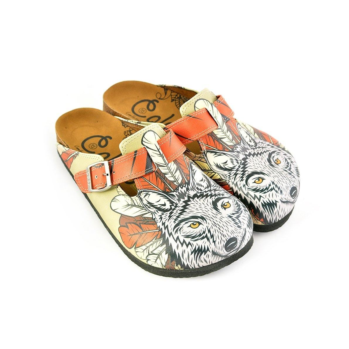 Red Colored and White, Black Feathers and Fox Patterned Clogs - WCAL350 Red Colored and White, Black Feathers and Fox Patterned Clogs - WCAL350