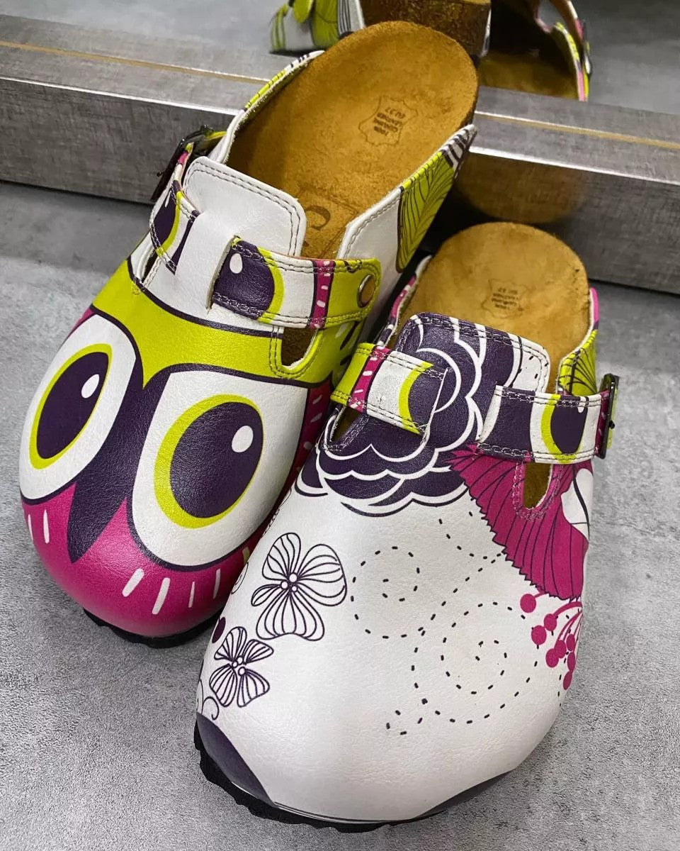 Black and White Flowers Patterned, Yellow, Purple Colored Owl Patterned Clogs - WCAL351 Black and White Flowers Patterned, Yellow, Purple Colored Owl Patterned Clogs - WCAL351