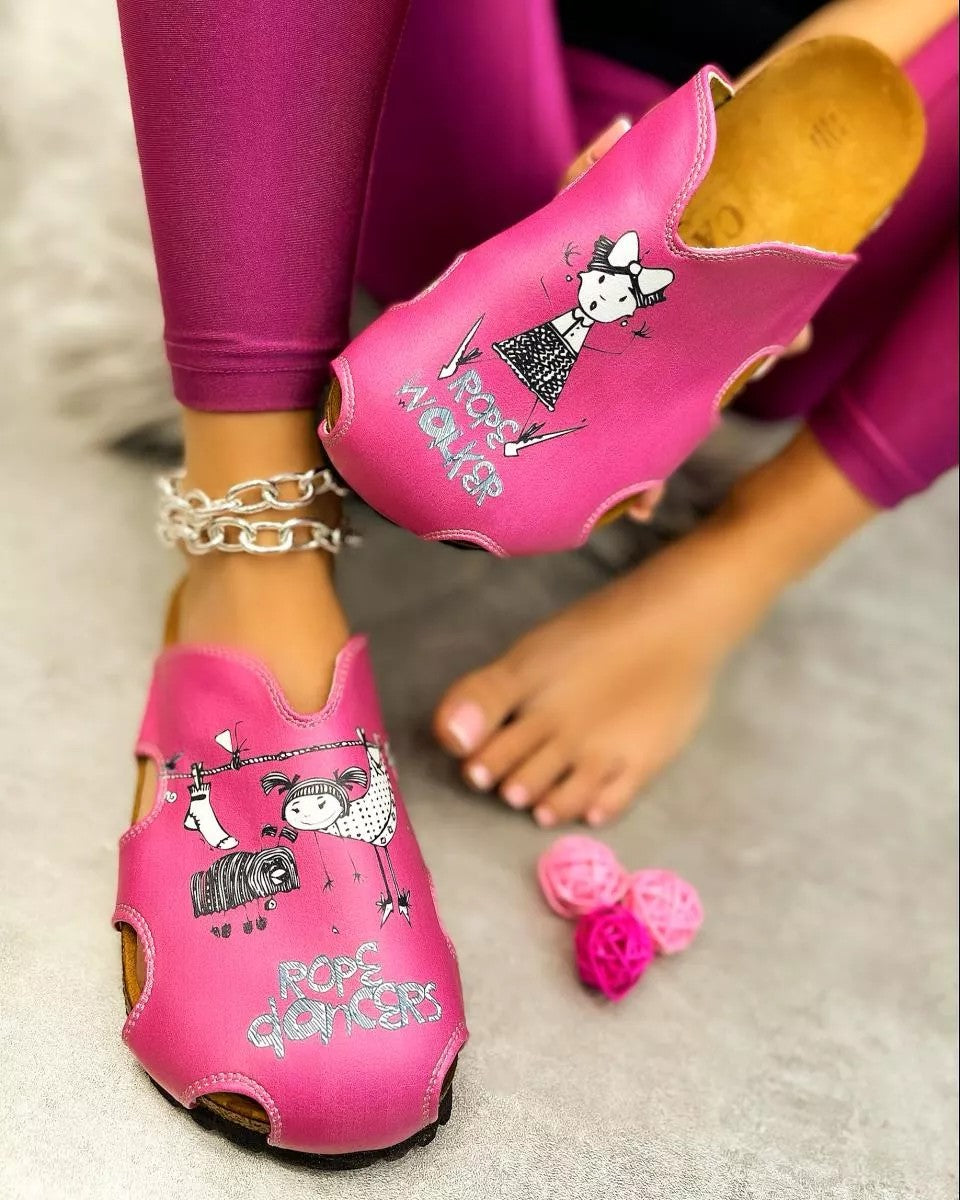Pink Colored and Rope Dancer Written Black and White Colored Play Dancing Girl Patterned Clogs - WCAL607 Pink Colored and Rope Dancer Written Black and White Colored Play Dancing Girl Patterned Clogs - WCAL607