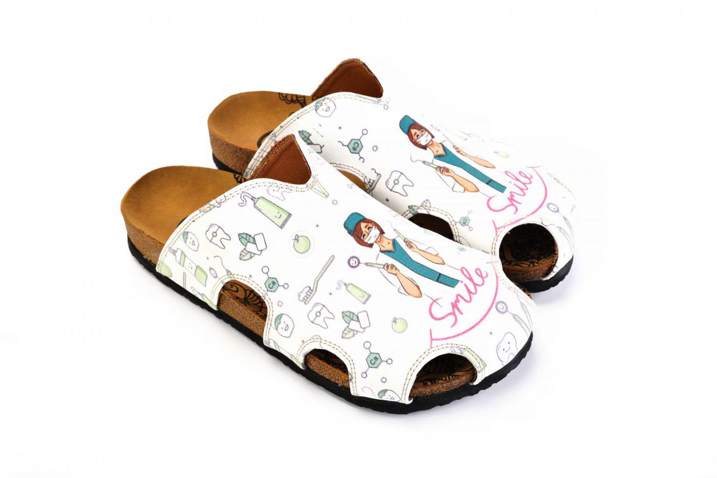 White and Pink Colored, Smile Written, Dentist Patterned Clogs - WCAL605 White and Pink Colored, Smile Written, Dentist Patterned Clogs - WCAL605