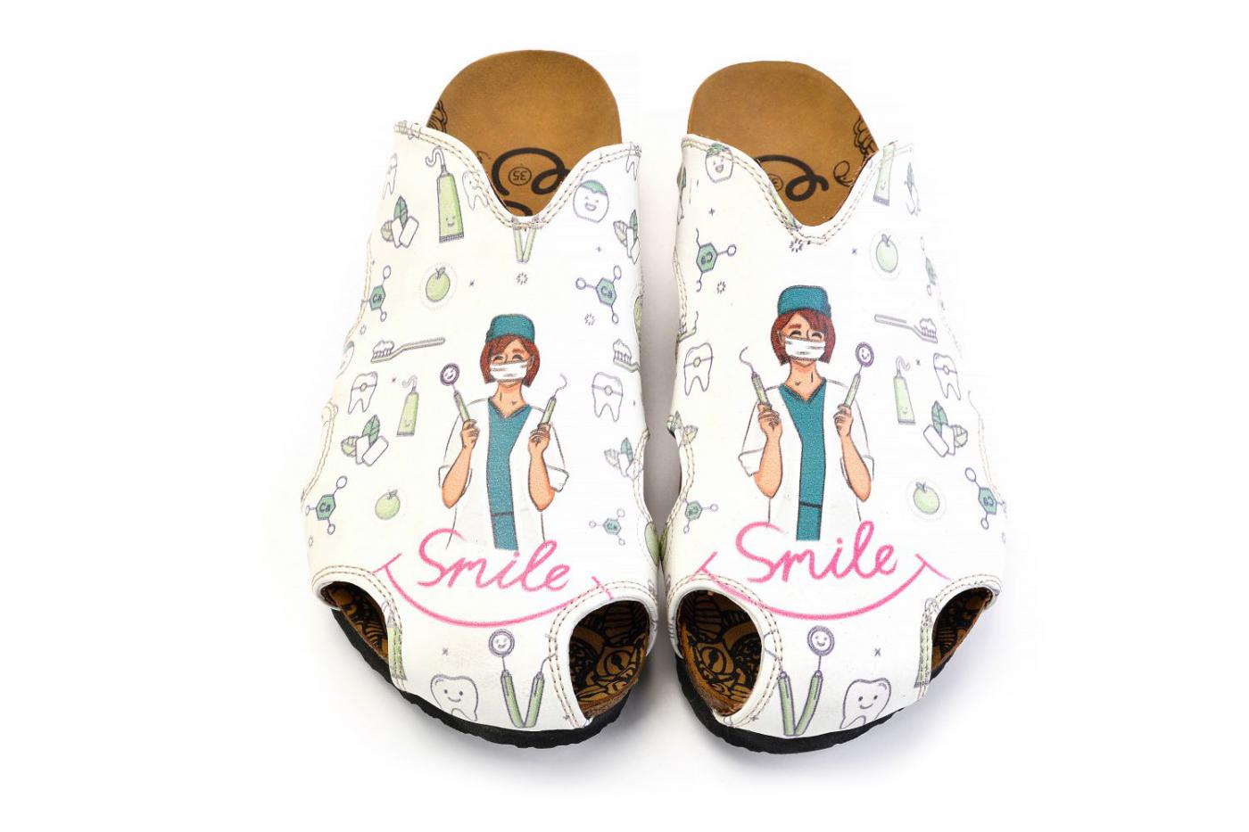 White and Pink Colored, Smile Written, Dentist Patterned Clogs - WCAL605 White and Pink Colored, Smile Written, Dentist Patterned Clogs - WCAL605