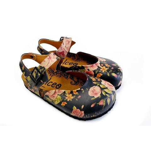 Pink Roses and Orange Flowers, Green Leaf Patterned Clogs - CAL1604