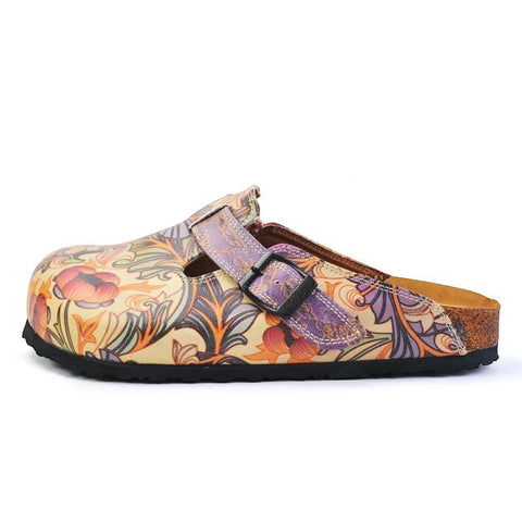 Purple, Pink, Orage Flowers and Green Leaf Patterned Clogs - CAL371