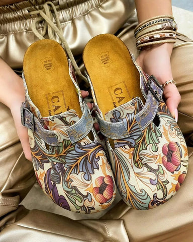 Purple, Pink, Orage Flowers and Green Leaf Patterned Clogs - CAL371