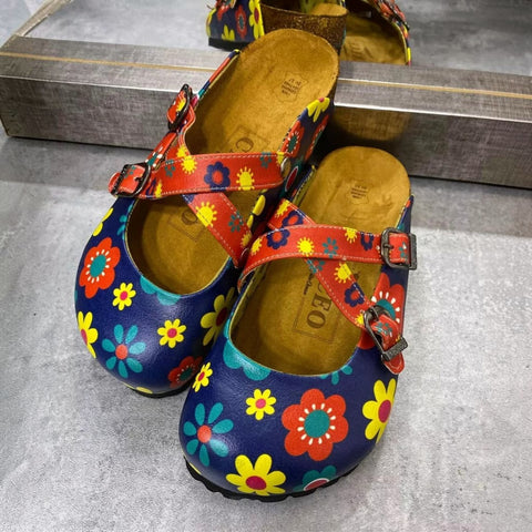Blue and Colorful Flowers Patterned Clogs - WCAL129