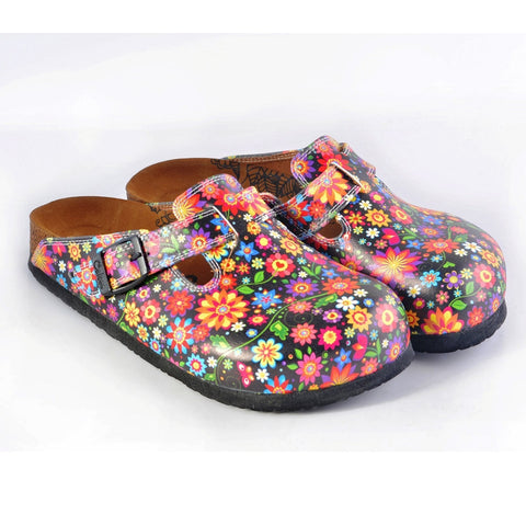 Black and Colored Flowers Patterned Clogs - WCAL357