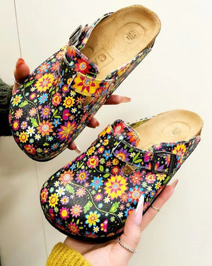 Black and Colored Flowers Patterned Clogs - WCAL357