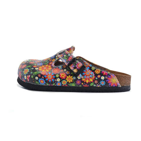 Black and Colored Flowers Patterned Clogs - WCAL357