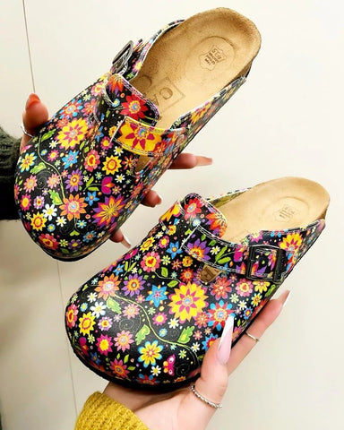 Black and Colored Flowers Patterned Clogs - WCAL357
