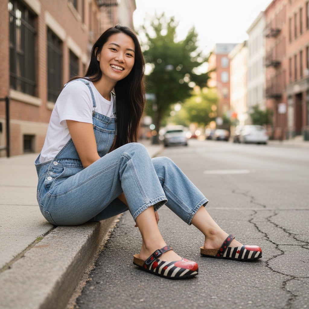 Calceo.co clogs with black and white stripes, red accents, and a printed multi-colorful design. Made from high-quality artificial leather with a comfortable, shock-absorbing sole.