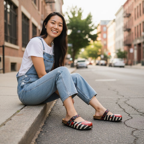 Calceo.co clogs with black and white stripes, red accents, and a printed multi-colorful design. Made from high-quality artificial leather with a comfortable, shock-absorbing sole.