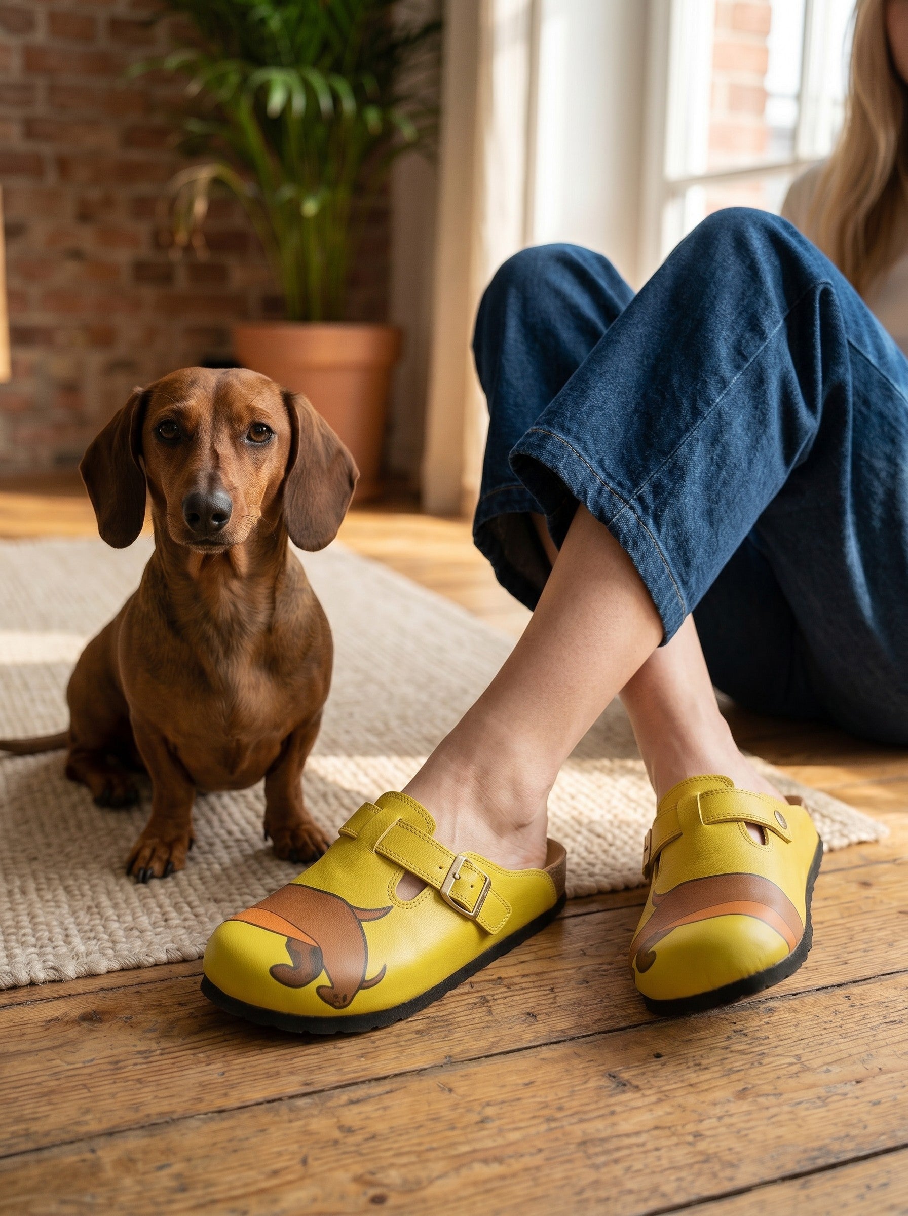 Calceo.co sarı renkli, kahverengi dachshund köpek desenli, el yapımı deri konforlu kadın terlik