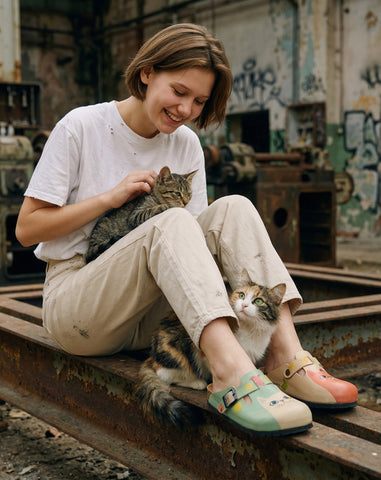 Calceo.co handmade coral and mint cat clogs with buckle accent, artificial leather and cotton canvas.