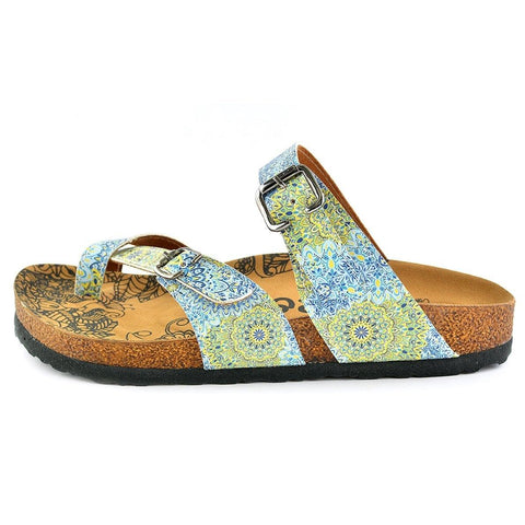 White-Blue and Yellow Flowers, Mixed-Flowered Silver Arched Sandal - CAL1005