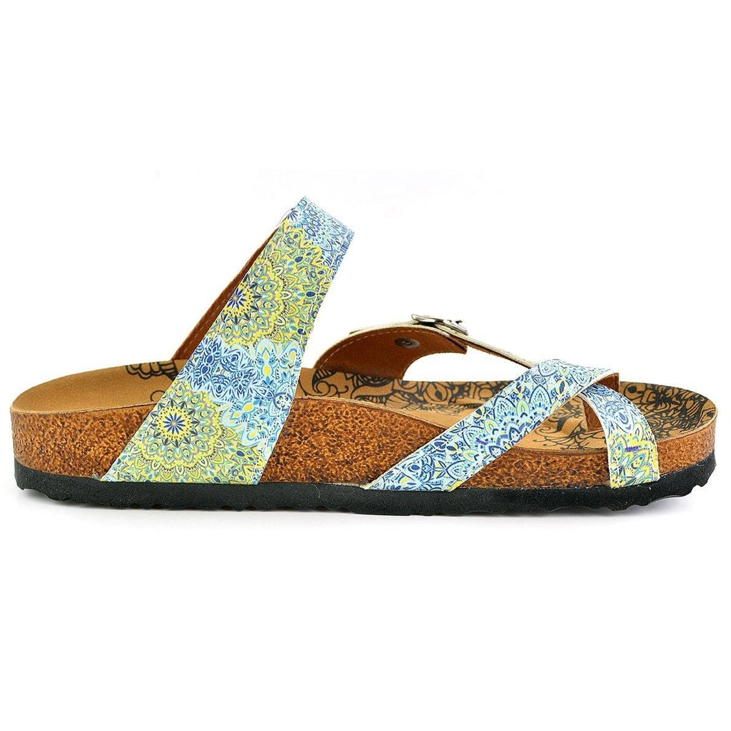 White-Blue and Yellow Flowers, Mixed-Flowered Silver Arched Sandal - CAL1005