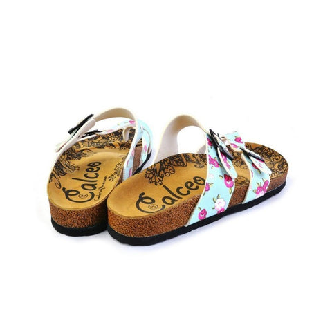 Pink and White Flowers, Green Leafy, Light Blue Pattern Sandal - CAL1012