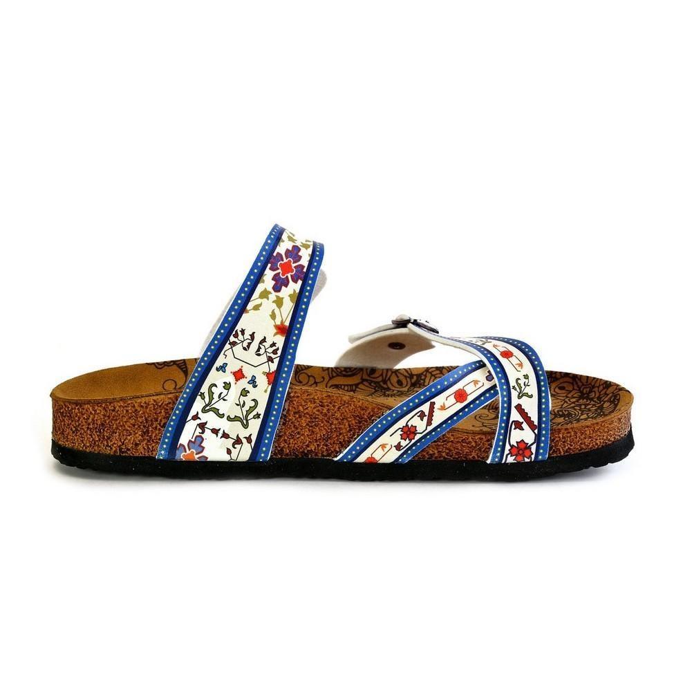 Dark Blue, Black and Cream Banded, Mosaic Color Flowers Patterned Sandal - CAL1015