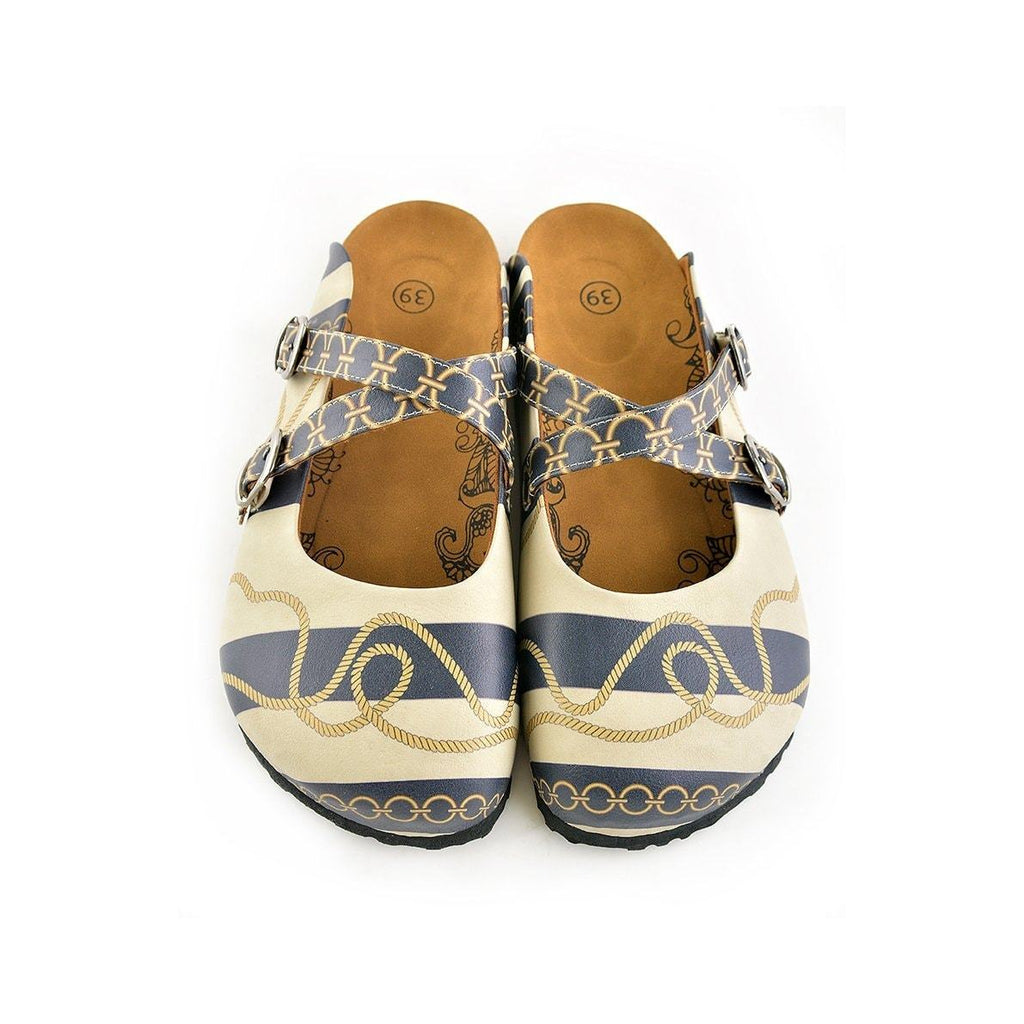 Beige and Navy Blue Striped, Gold Cyclic and Rope Pattern Clogs - CAL101