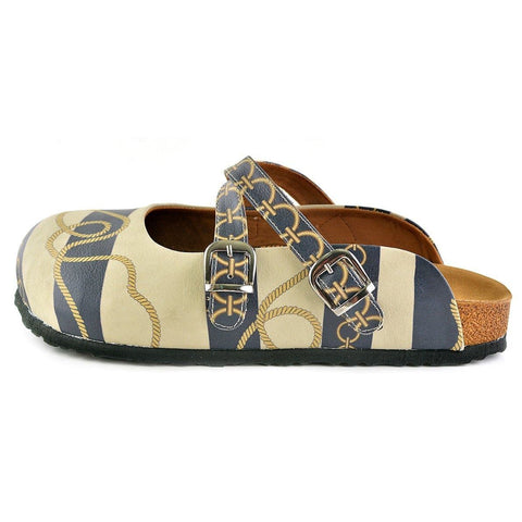 Beige and Navy Blue Striped, Gold Cyclic and Rope Pattern Clogs - CAL101