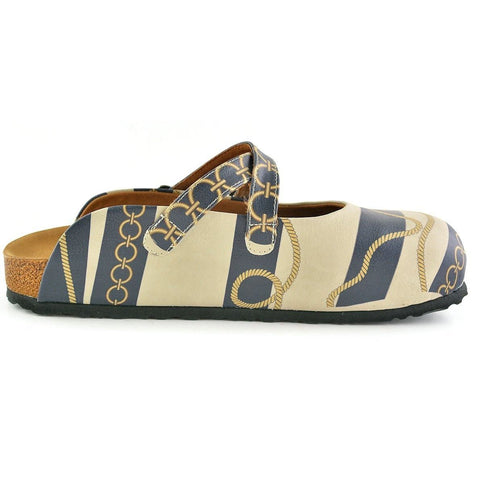 Beige and Navy Blue Striped, Gold Cyclic and Rope Pattern Clogs - CAL101