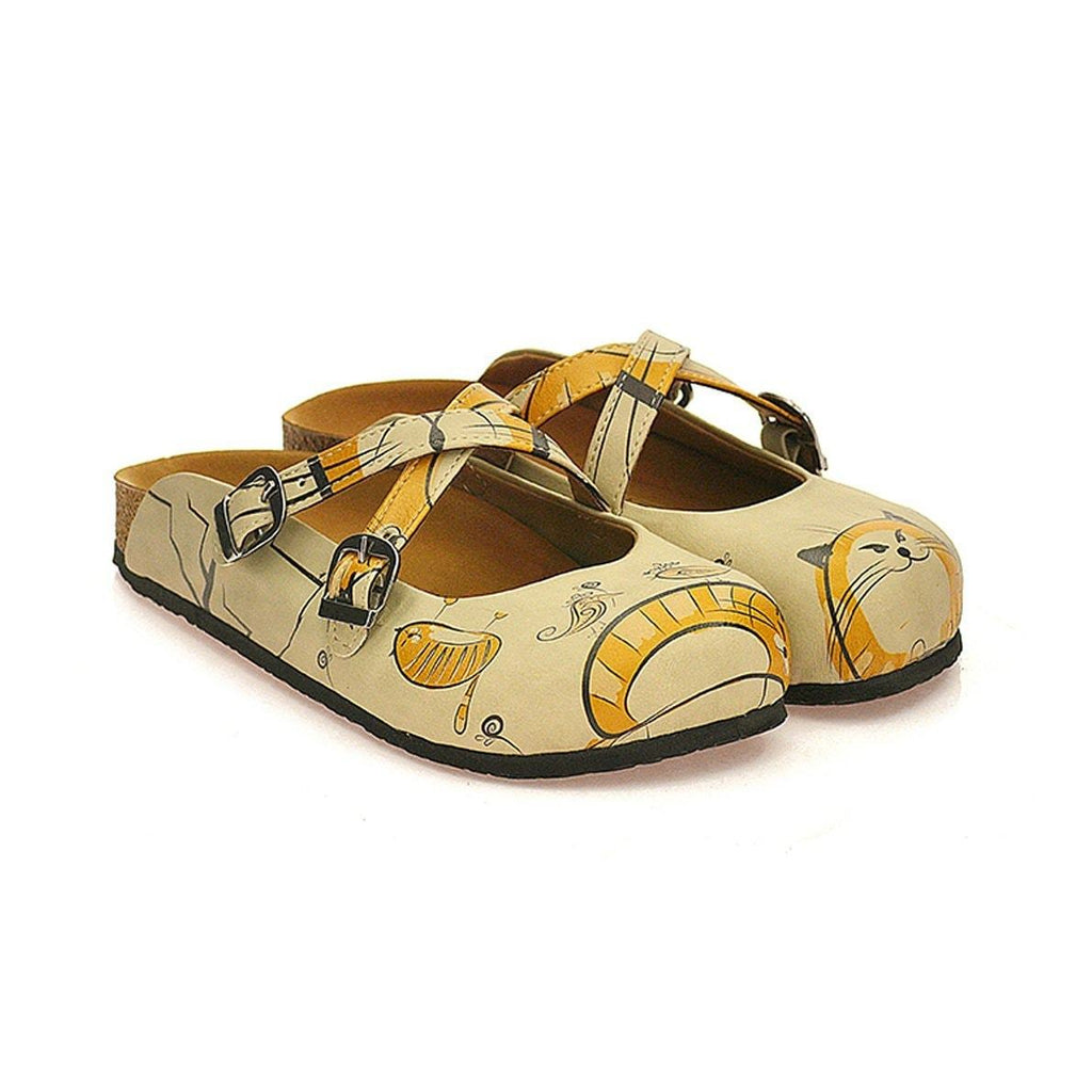 Orange and Yellow Colored, Cat and Bird Beige Patterned Clogs - CAL103