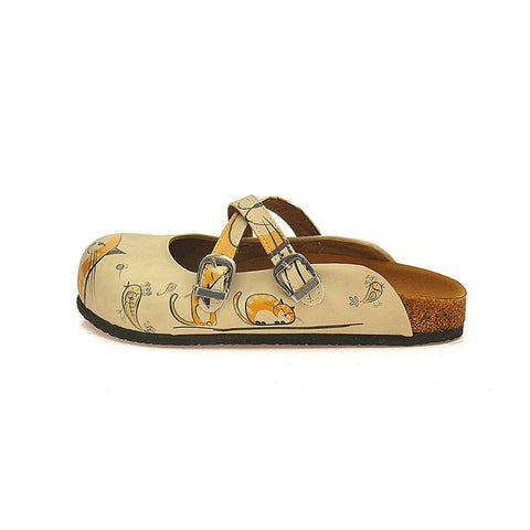 Orange and Yellow Colored, Cat and Bird Beige Patterned Clogs - CAL103